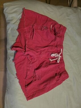 SHEIN Hot Pink Distressed Drawstring Jean Shorts